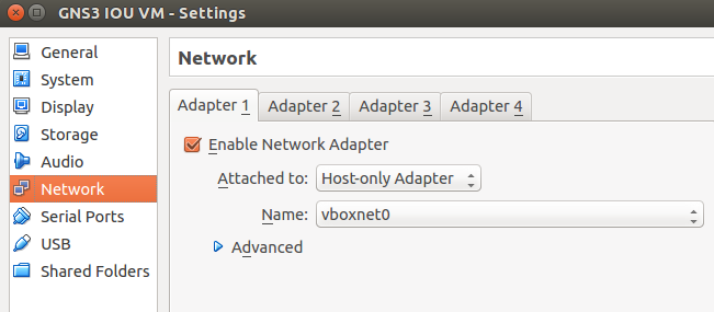 VirtualBox-GNS3 1.1 IOU Network Settings